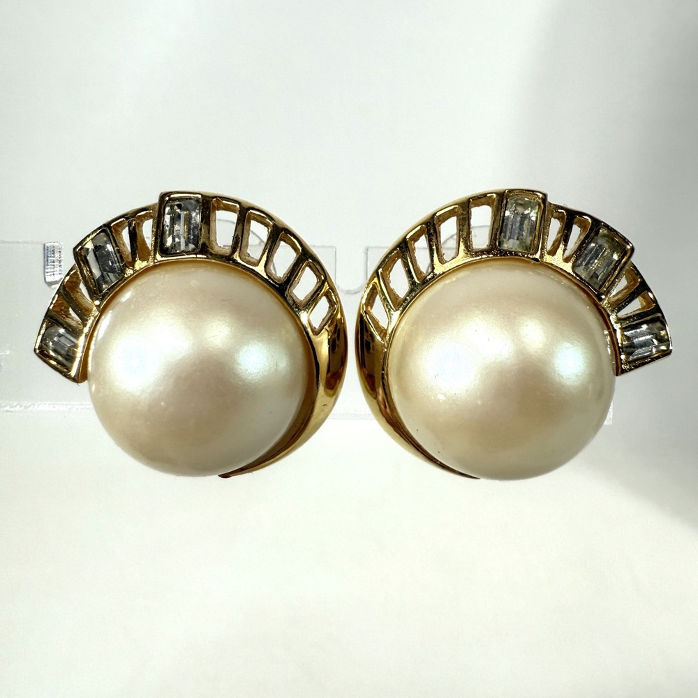 Richelieu Gold Tone Faux Pearl Rhinestone Earrings‎ Vintage Art Deco Style